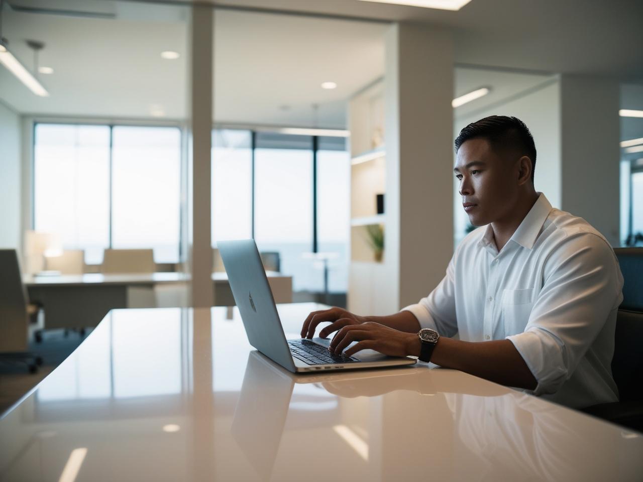 A professional office space with a person using a laptop, conveying trust and security.