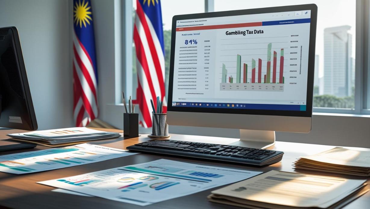 Government office desk with gambling tax reports and Malaysia flag in background.
