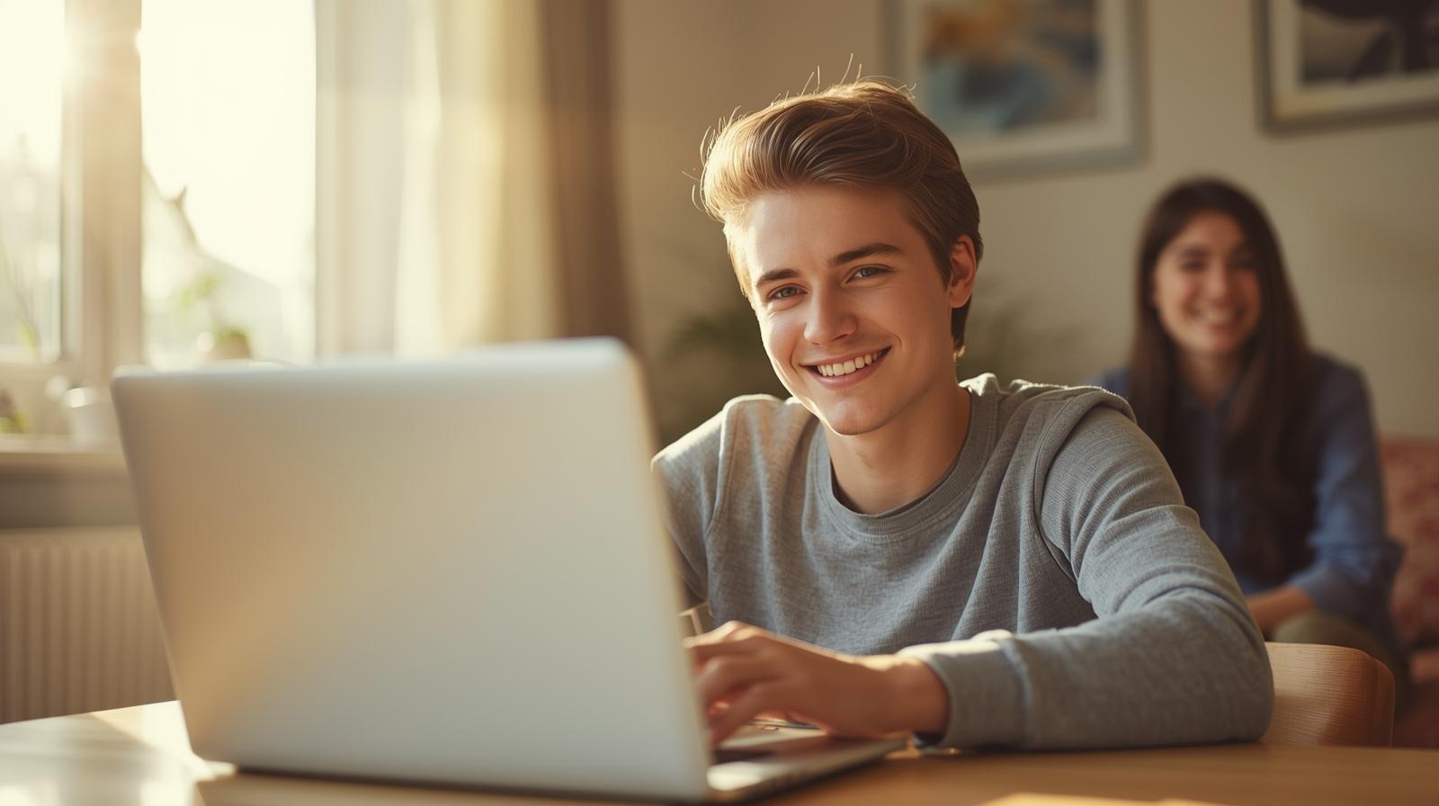 Happy person using laptop at home, bright window light, relaxed modern atmosphere.