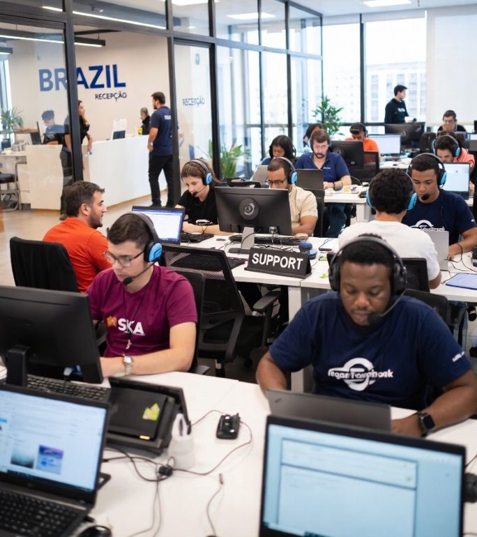 Office scene showing Brazilian tech and customer support teams working on laptops