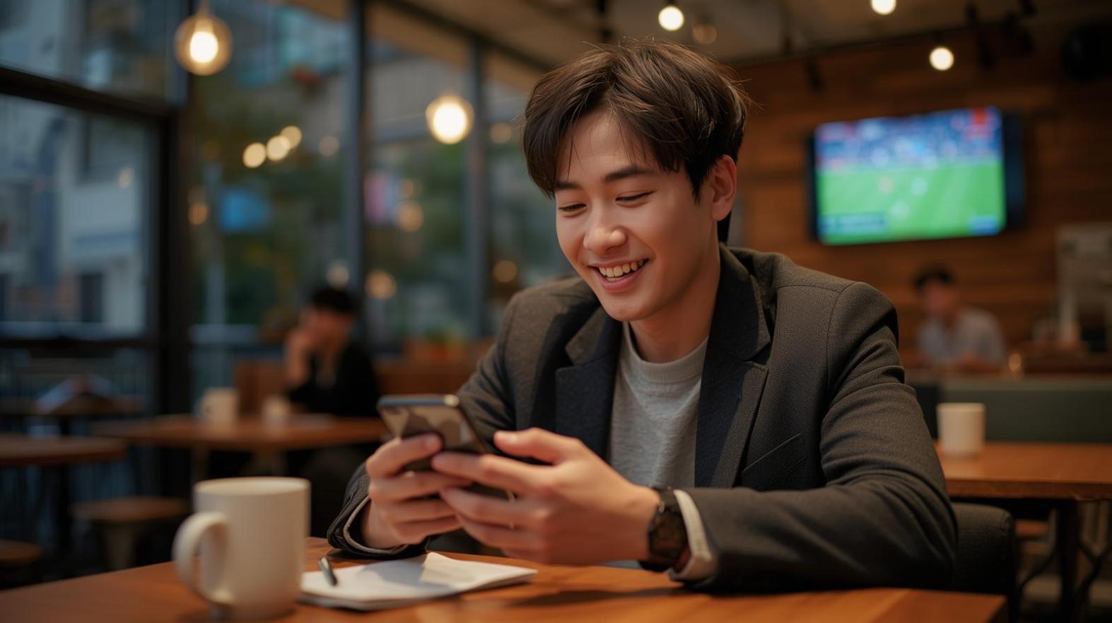 Smiling Korean man enjoying live sports betting on smartphone indoors.