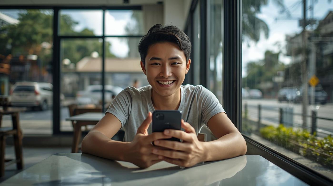 Young adult happily using smartphone in bright café reflecting modern digital gaming lifestyle.