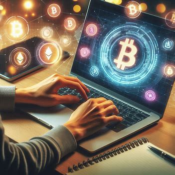 person using a laptop with cryptocurrency symbols floating above