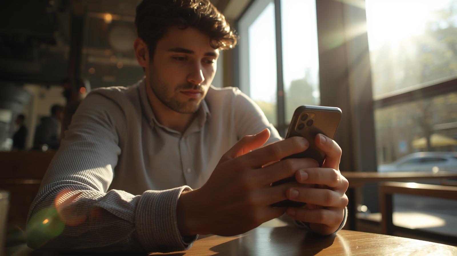 Young UK casino enthusiast uses seamless digital payments while relaxing inside bright modern café.
